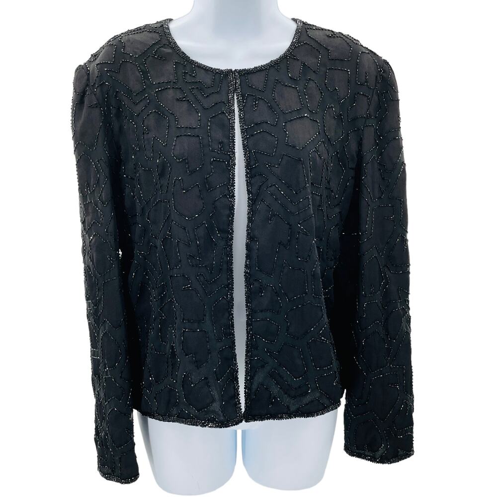 Papell Boutique Evening Black Sequin Formal Dress Jacket Blazer Womens Medium